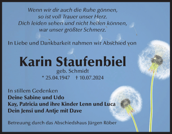 Traueranzeige von Karin Staufenbiel von Volksstimme Magdeburg