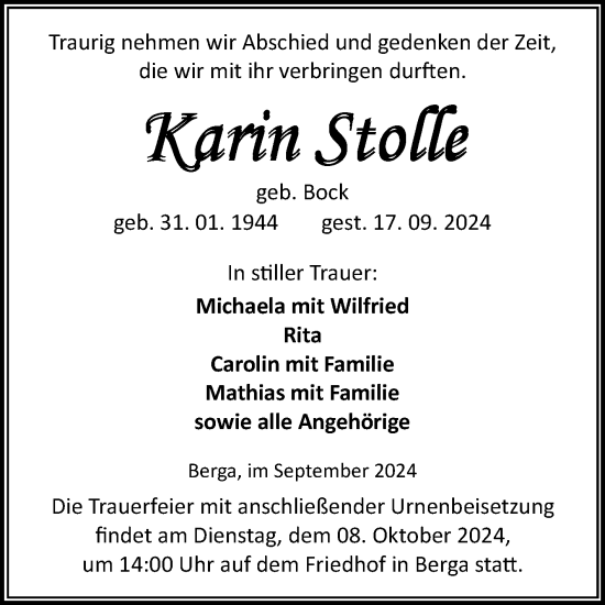 Traueranzeige von Karin Stolle von Trauerkombi Sangerhausen