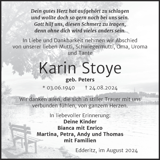 Traueranzeige von Karin Stoye von Trauerkombi Köthen