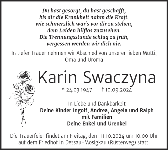 Traueranzeige von Karin Swaczyna von Trauerkombi Dessau