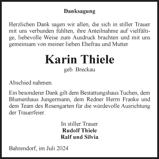 Traueranzeige von Karin Thiele von Volksstimme Oschersleben/Wanzleben