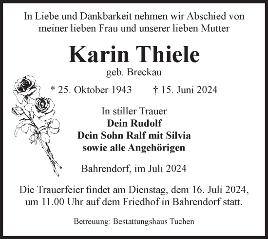 Traueranzeige von Karin Thiele von Volksstimme Oschersleben/Wanzleben