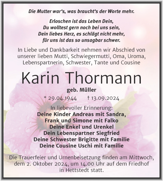 Traueranzeige von Karin Thormann von Trauerkombi Mansfelder Land