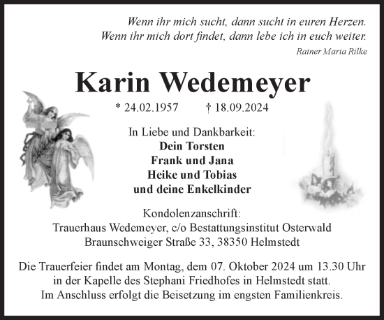 Traueranzeige von Karin Wedemeyer von Volksstimme Oschersleben/Wanzleben