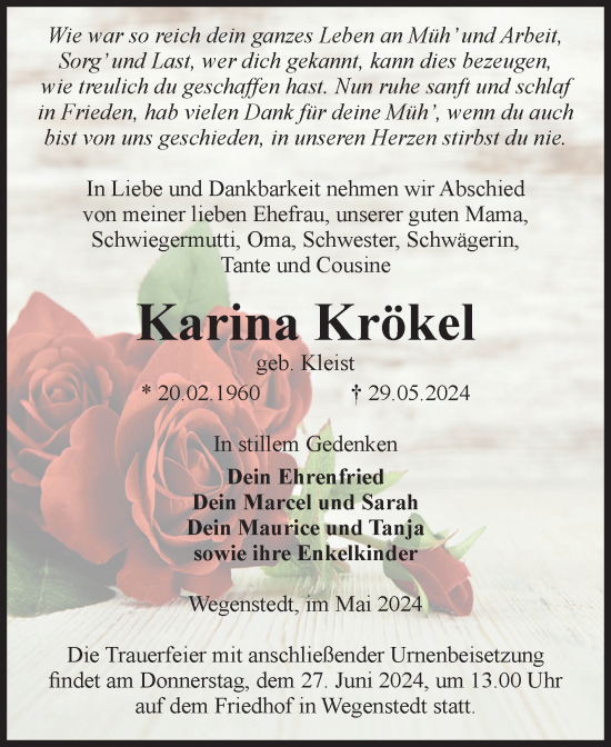 Traueranzeige von Karina Krökel von Volksstimme Haldensleben/Wolmirstedt