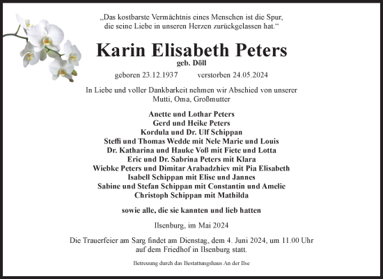 Traueranzeige von Karin Elisabeth Peters von Volksstimme Halberstadt