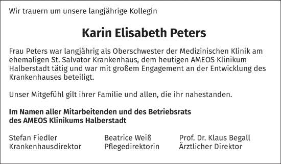 Traueranzeige von Karin Elisabeth Peters von Volksstimme Halberstadt