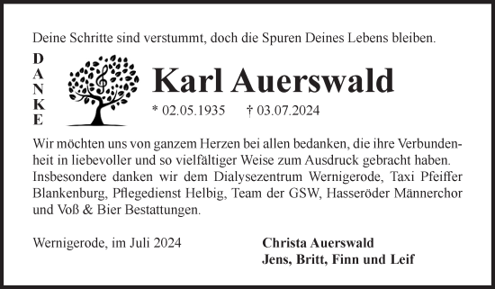 Traueranzeige von Karl Auerswald von Volksstimme Wernigerode