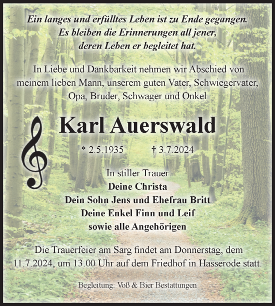 Traueranzeige von Karl Auerswald von Volksstimme Wernigerode