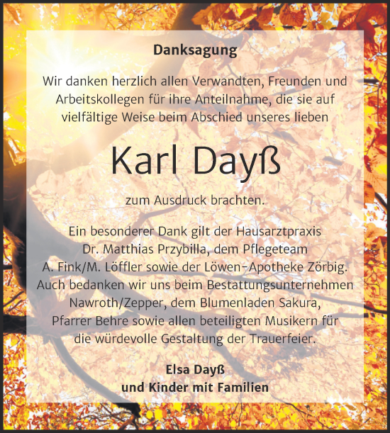 Traueranzeige von Karl Dayß von Trauerkombi Bitterfeld