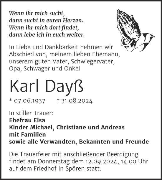 Traueranzeige von Karl Dayß von Trauerkombi Bitterfeld