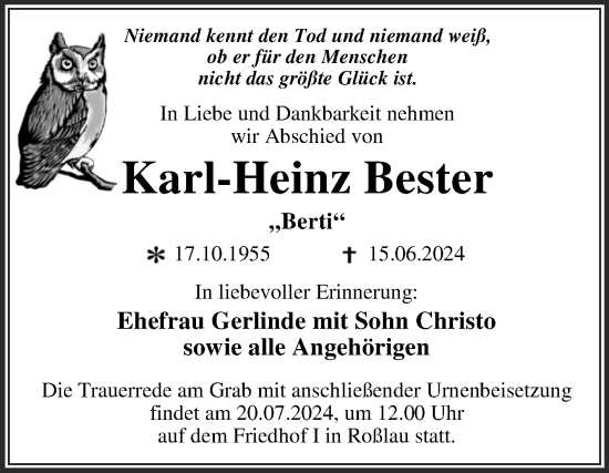 Traueranzeige von Karl-Heinz Bester von Trauerkombi Dessau