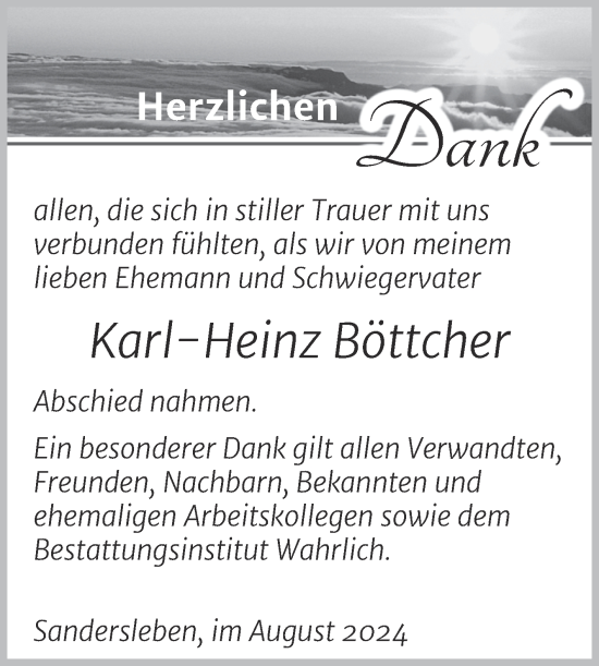 Traueranzeige von Karl-Heinz Böttcher von Trauerkombi Mansfelder Land