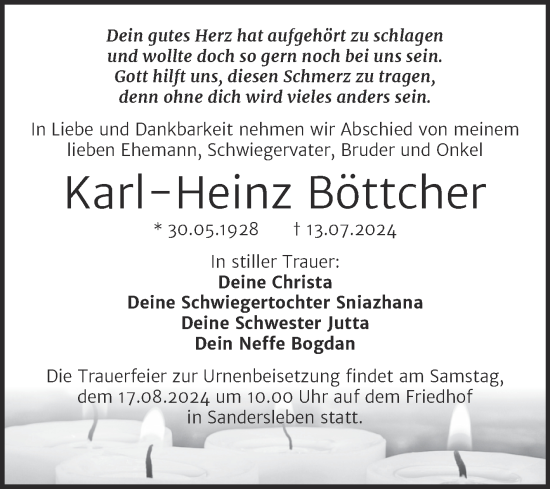 Traueranzeige von Karl-Heinz Böttcher von Trauerkombi Mansfelder Land