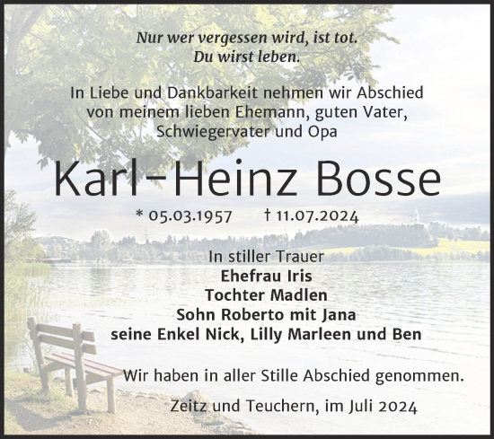 Traueranzeige von Karl-Heinz Bosse von Trauerkombi Zeitz