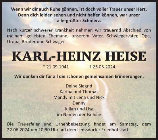 Traueranzeige von Karl-Heinz Heise von Volksstimme Magdeburg