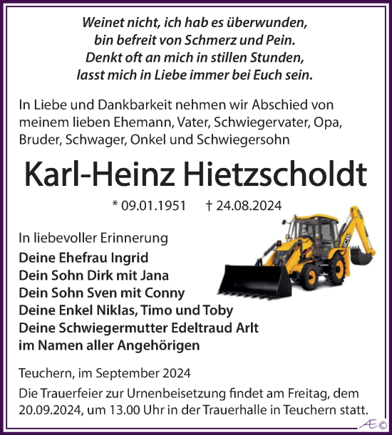 Traueranzeige von Karl-Heinz Hietzscholdt von Trauerkombi Weißenfels