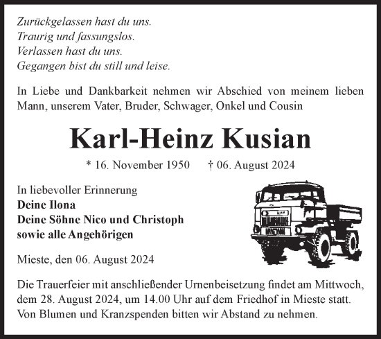 Traueranzeige von Karl-Heinz Kusian von Volksstimme Altmark West