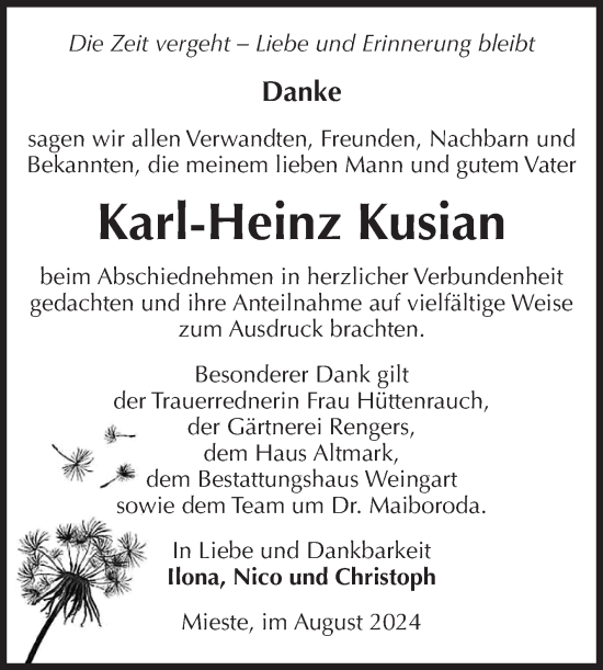Traueranzeige von Karl-Heinz Kusian von Volksstimme Altmark West