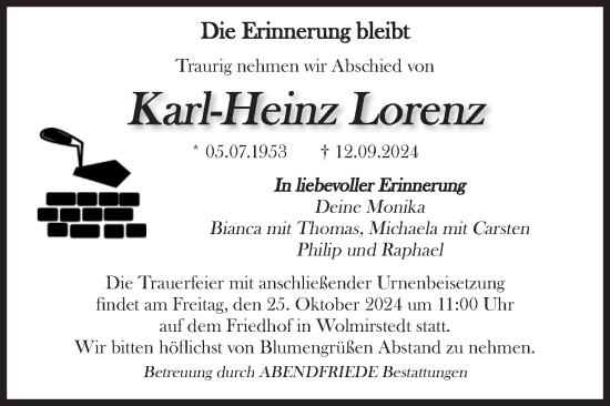 Traueranzeige von Karl-Heinz Lorenz von Volksstimme Haldensleben/Wolmirstedt