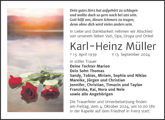 Traueranzeige von Karl-Heinz Müller von Trauerkombi Köthen