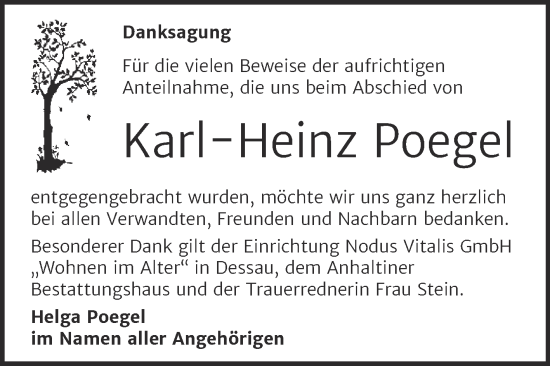 Traueranzeige von Karl-Heinz Poegel von Trauerkombi Dessau