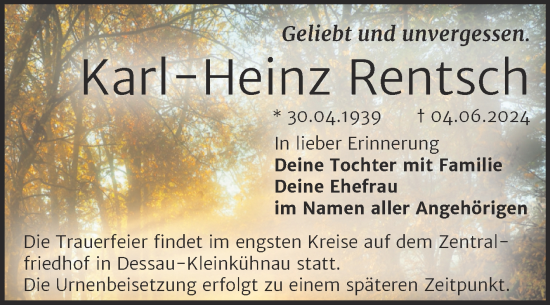 Traueranzeige von Karl-Heinz Rentsch von Trauerkombi Dessau
