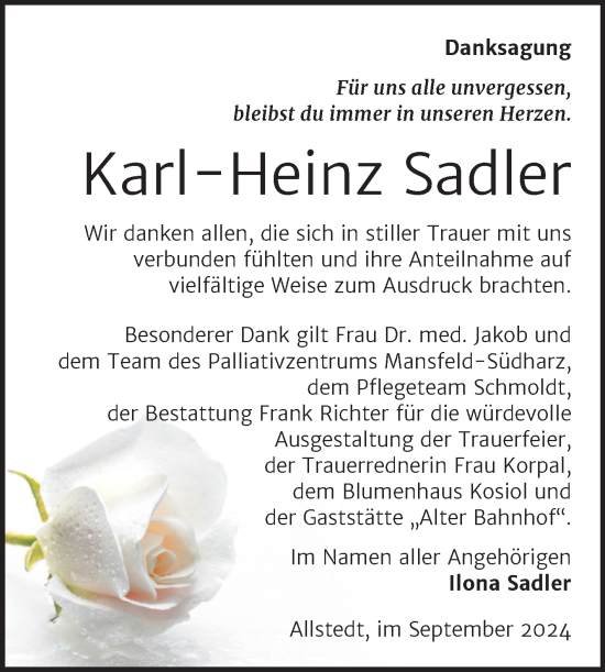 Traueranzeige von Karl-Heinz Sadler von Trauerkombi Sangerhausen