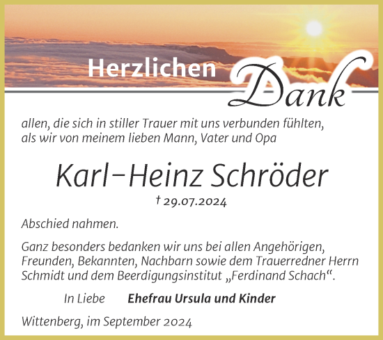Traueranzeige von Karl-Heinz Schröder von Trauerkombi Wittenberg
