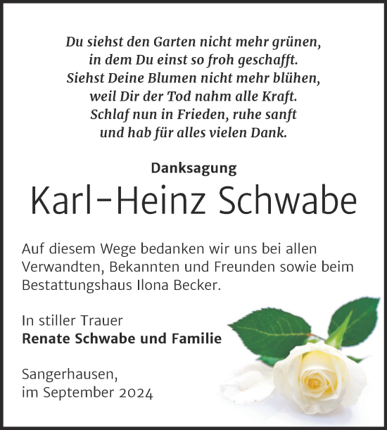 Traueranzeige von Karl-Heinz Schwabe von Trauerkombi Sangerhausen