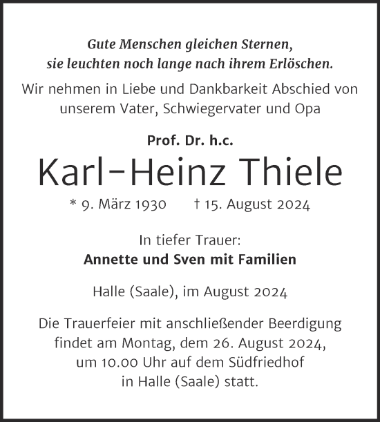 Traueranzeige von Karl-Heinz Thiele von Mitteldeutsche Zeitung Halle/Saalkreis