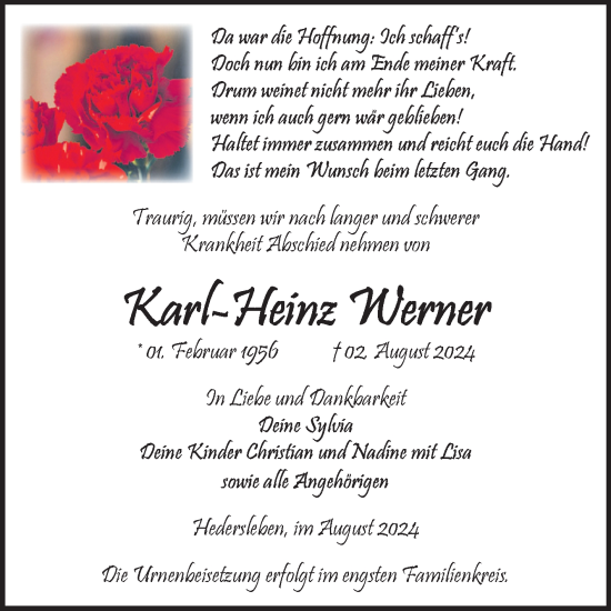 Traueranzeige von Karl-Heinz Werner von Trauerkombi Quedlinburg