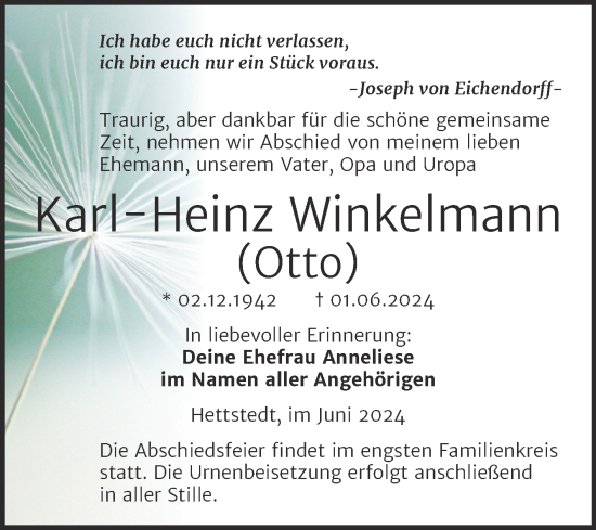 Traueranzeige von Karl-Heinz Winkelmann von Trauerkombi Mansfelder Land
