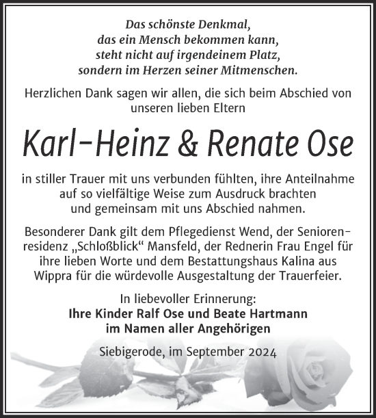 Traueranzeige von Karl-Heinz und Renate Ose von Trauerkombi Mansfelder Land