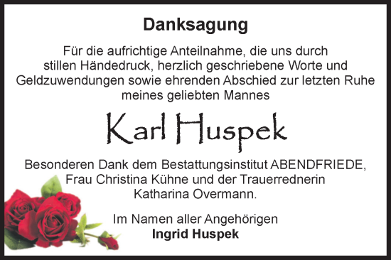 Traueranzeige von Karl Huspek von Volksstimme Magdeburg