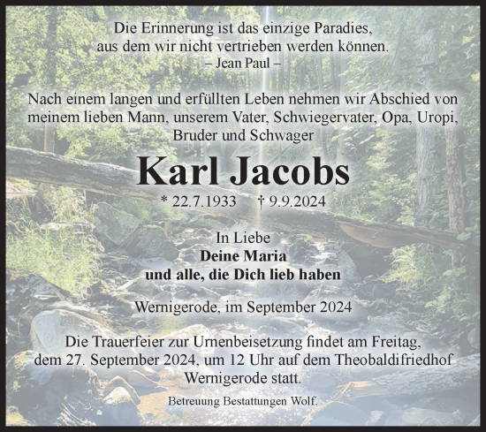 Traueranzeige von Karl Jacobs von Volksstimme Wernigerode