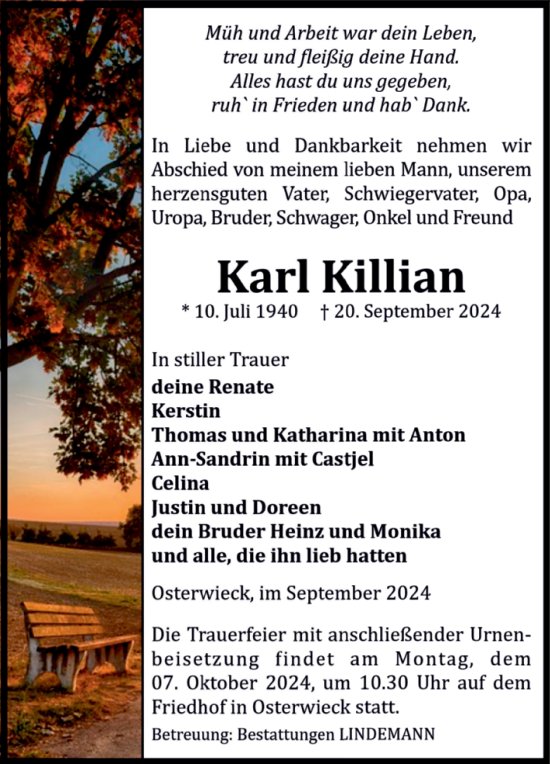 Traueranzeige von Karl Kilian von Volksstimme Halberstadt