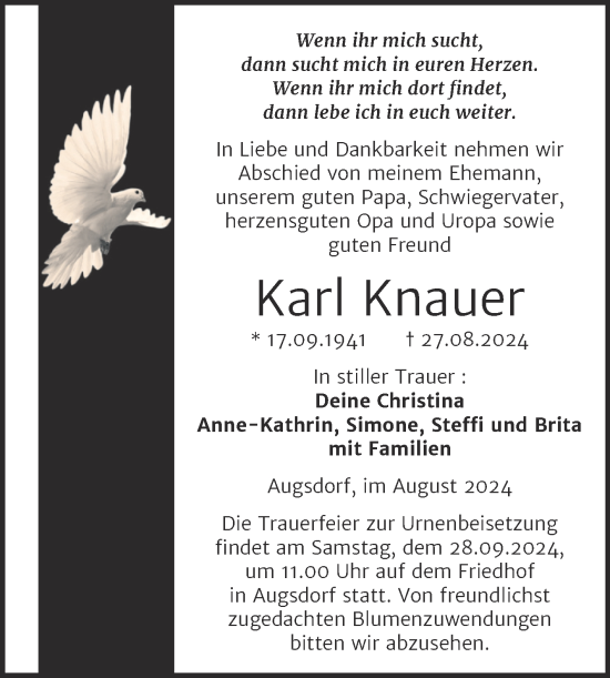 Traueranzeige von Karl Knauer von Trauerkombi Mansfelder Land