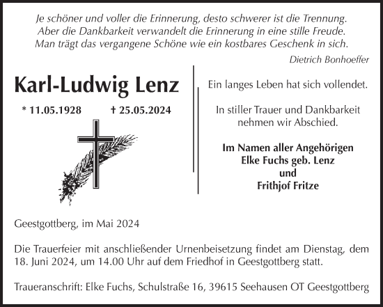 Traueranzeige von Karl-Ludwig Lenz von Volksstimme Altmark Ost