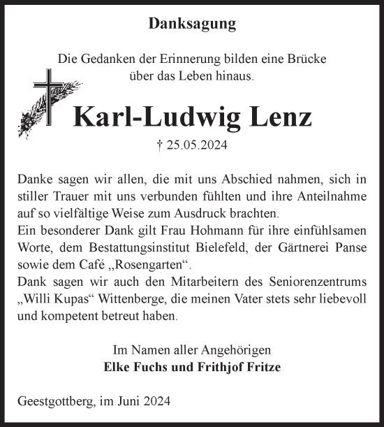 Traueranzeige von Karl-Ludwig Lenz von Volksstimme Altmark Ost
