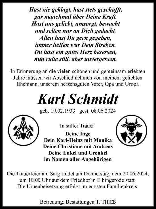 Traueranzeige von Karl Schmidt von Volksstimme Wernigerode