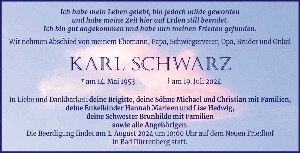  Traueranzeige für Karl Schwarz vom 27.07.2024 aus Trauerkombi Merseburg
