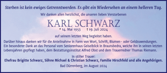 Traueranzeige von Karl Schwarz von Trauerkombi Merseburg