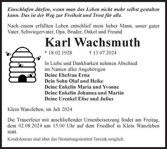 Traueranzeige von Karl Wachsmuth von Volksstimme Oschersleben/Wanzleben