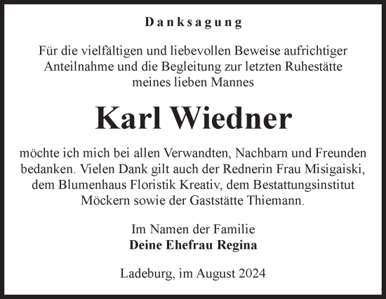 Traueranzeige von Karl Wiedner von Volksstimme Burg/Genthin