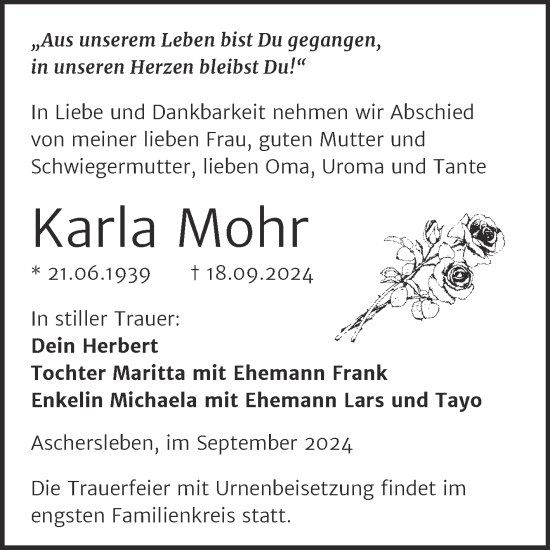Traueranzeige von Karla Mohr von Trauerkombi Aschersleben