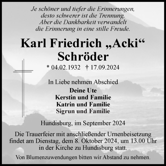 Traueranzeige von Karl Friedrich Schröder von Volksstimme Haldensleben/Wolmirstedt