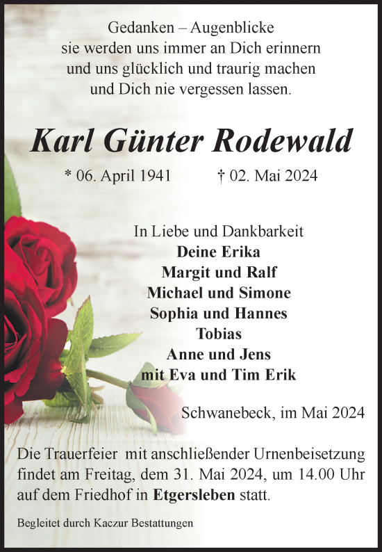 Traueranzeige von Karl Günter Rodewald von Volksstimme Halberstadt