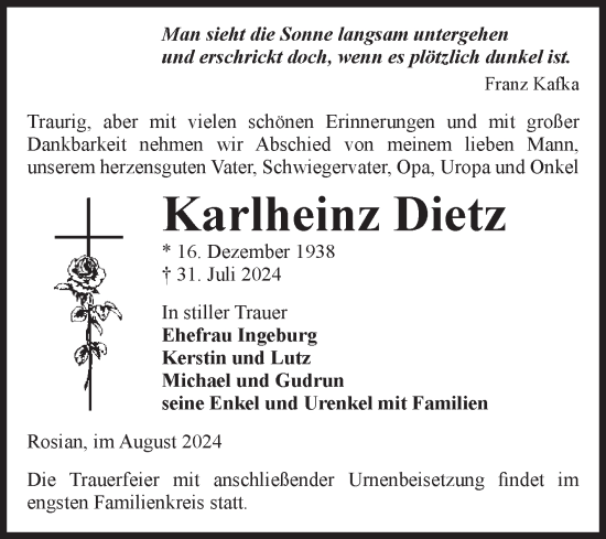 Traueranzeige von Karlheinz Dietz von Volksstimme Zerbst