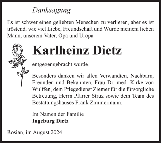 Traueranzeige von Karlheinz Dietz von Volksstimme Zerbst